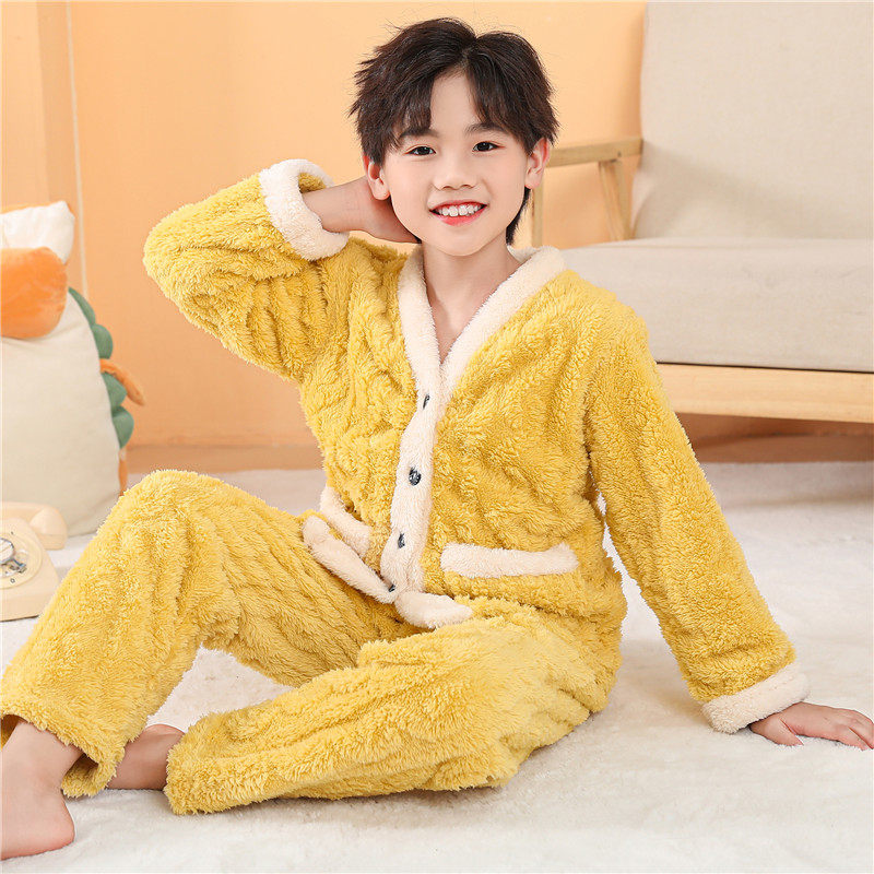 秋冬季儿童法兰绒睡衣男女童春款加绒加厚中大童珊瑚绒套装家居服