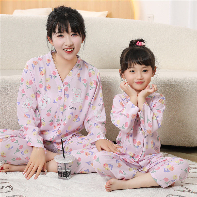 亲子棉绸睡衣套装长袖长裤母女装家居服女生中大童女童小女孩睡衣