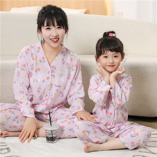 亲子棉绸睡衣套装长袖长裤母女装家居服女生中大童女童小女孩睡衣