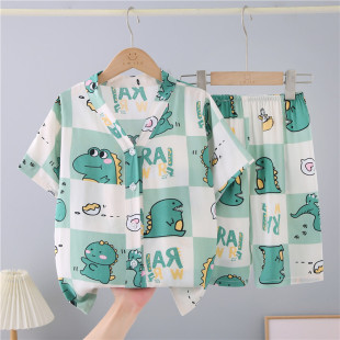 男童女童男孩中大童宝宝绵绸家居服套装 短裤 儿童棉绸睡衣短袖 夏季