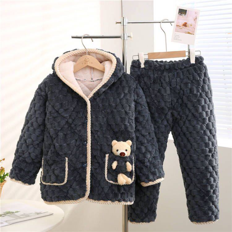 2024冬季男童儿童睡衣法兰绒中长款三层夹棉加厚男孩中大童家居服