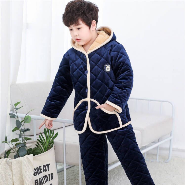 儿童睡衣男童冬季加厚款珊瑚绒三层夹棉连帽法兰绒开衫家居服套装