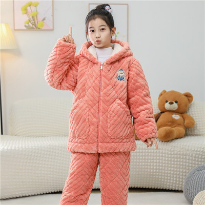 女童睡衣冬季夹棉法兰绒三层加厚款珊瑚绒女孩儿童家居服2025新款
