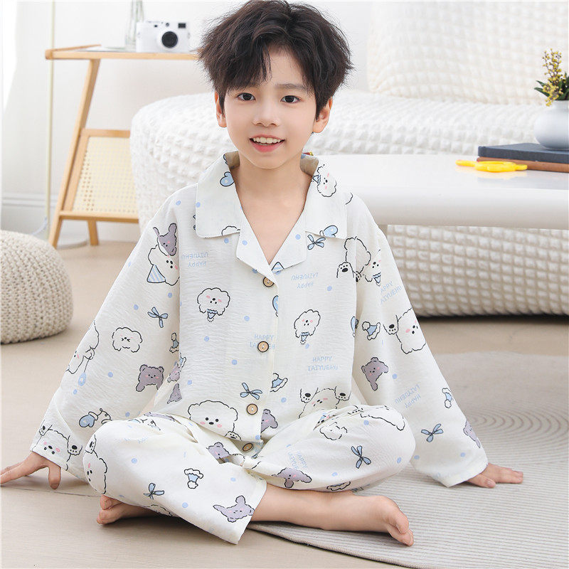 男童女孩睡衣2026新款春秋夏款云朵棉开衫长袖儿童西装领家居服装