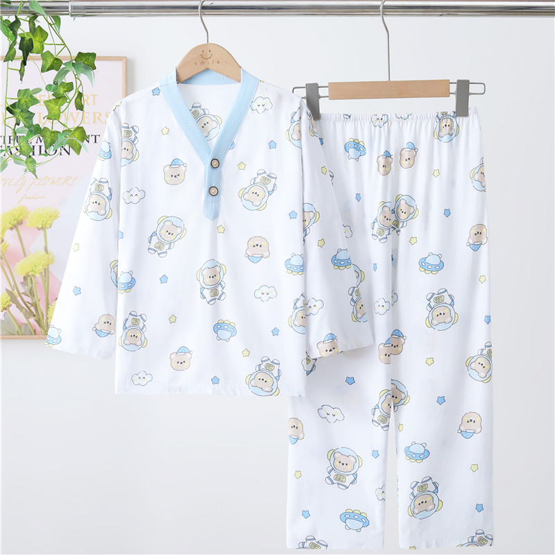 夏季薄款儿童棉绸睡衣中大孩童家居服套装简约宝宝男童女童中大童