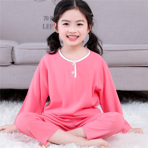 夏季女童纯色绵绸长袖薄款家居服