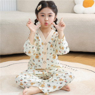 女童棉绸睡衣夏季儿童薄款长袖家居服女孩男童宝宝绵绸空调服套装