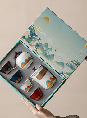 锦绣山河茶具套装快客杯高档礼品陶瓷功夫茶壶茶杯伴手礼盒六件套