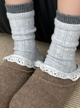 灰色袜子女秋冬中筒袜日系加厚月子袜保暖羊绒棉袜冬天堆堆袜