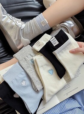 春夏新款蓝色系刺绣爱心双罗口布标堆堆中筒袜~