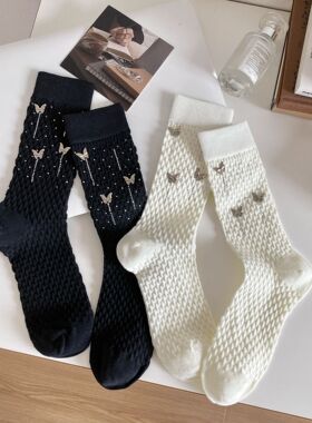 韩版满天星水钻蝴蝶结泡泡新款黑色中筒百搭简约纯色