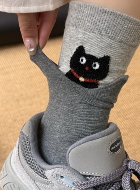 春秋新品小猫假两件袜子可爱萌宠小狗百搭中筒卡通棉袜