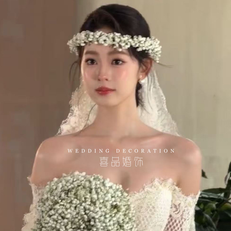 喜品森系干花手工白色花环仙气头饰新娘结婚礼服婚纱摄影跟妆发饰