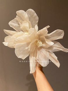 喜品新品超大香槟色娟纱花朵新娘发饰造型拍照仙美样片影楼头饰品