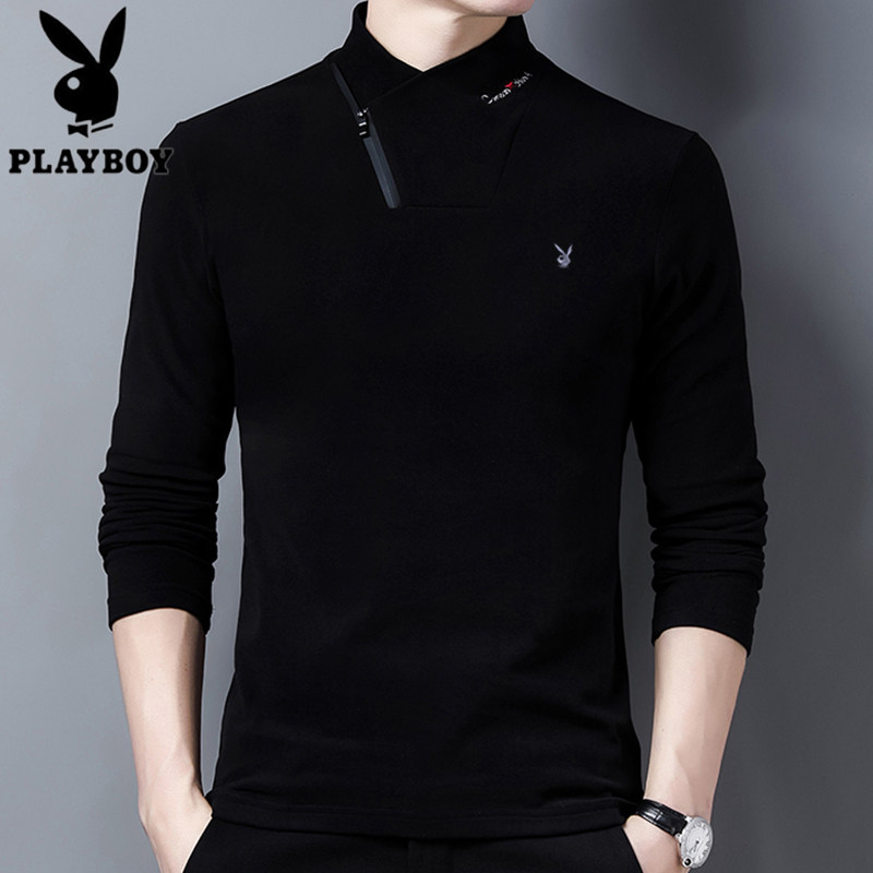 花花公子长袖t恤男士秋冬半高领双面绒打底衫潮卫衣修身保暖上衣