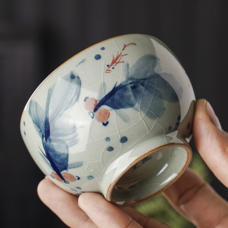 景德镇陶瓷纯手绘柴窑金玉满堂罗汉主人杯茶杯青花老陶泥家用礼品