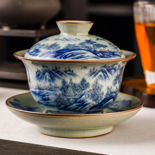 家用功夫茶具杯器 景德镇富春山居盖碗老陶泥三才青花瓷泡茶碗套装