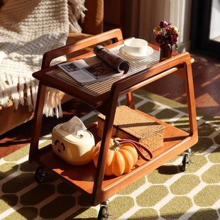 中古侘寂客厅家用沙发边几可移动万向轮小推车置物实木玻璃收纳架