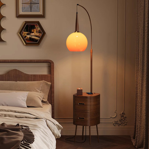 落地灯床头柜一体台灯中古风实木卧室小众设计感带灯床边柜置物架