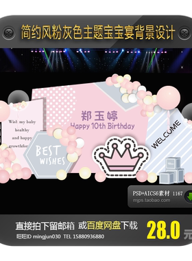 粉灰色INS简约风公主主题满月百日周岁生日宝宝宴背景设计素材AI