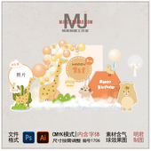 森系橙色长颈鹿主题宝宝宴满月百日周岁生日派对舞台布置设计素材