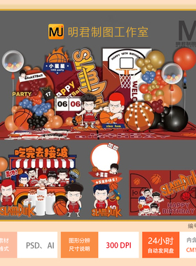 红色灌篮高手主题篮球男宝宝宴周岁十岁生日派对甜品区设计素材ps