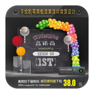 ins简约风手绘粉笔黑板效果生日派对宝宝宴周岁宴百日背景设计PSD