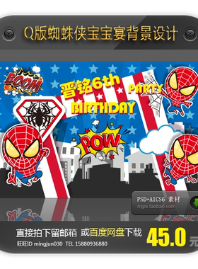 Q版蜘蛛侠复仇者卡通宝宝生日宴派对背景图案PSD+AICS6设计素材