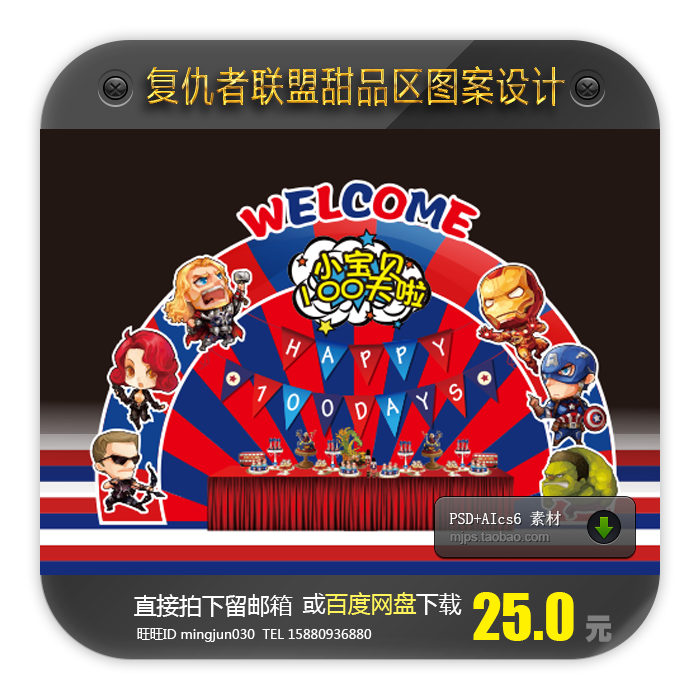 美国队长复仇者联盟主题宝宝生日宴会甜品区背景kt板图案设计psd