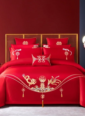 婚庆四件套龙凤新结婚房嫁礼喜被套中式磨毛刺绣床上品床单多件套