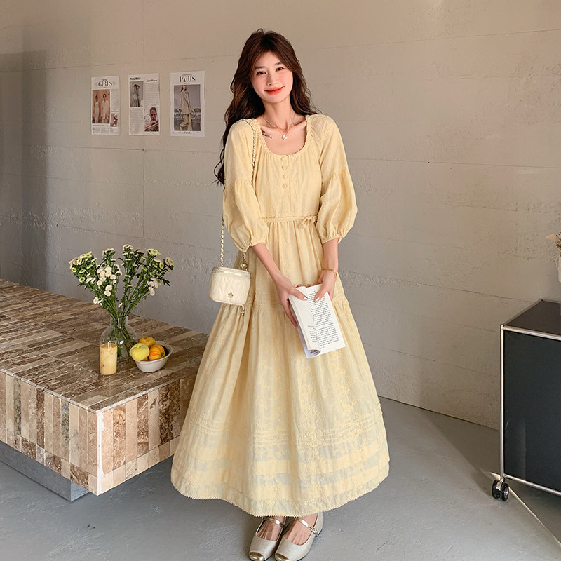 现货重工提花全棉定染长款连衣裙286-2505-P155-K218，女装连衣裙，安雅