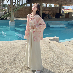 新中式套装 粉色桃花上衣+白色阔腿裤 286-2611-P175-K270图片
