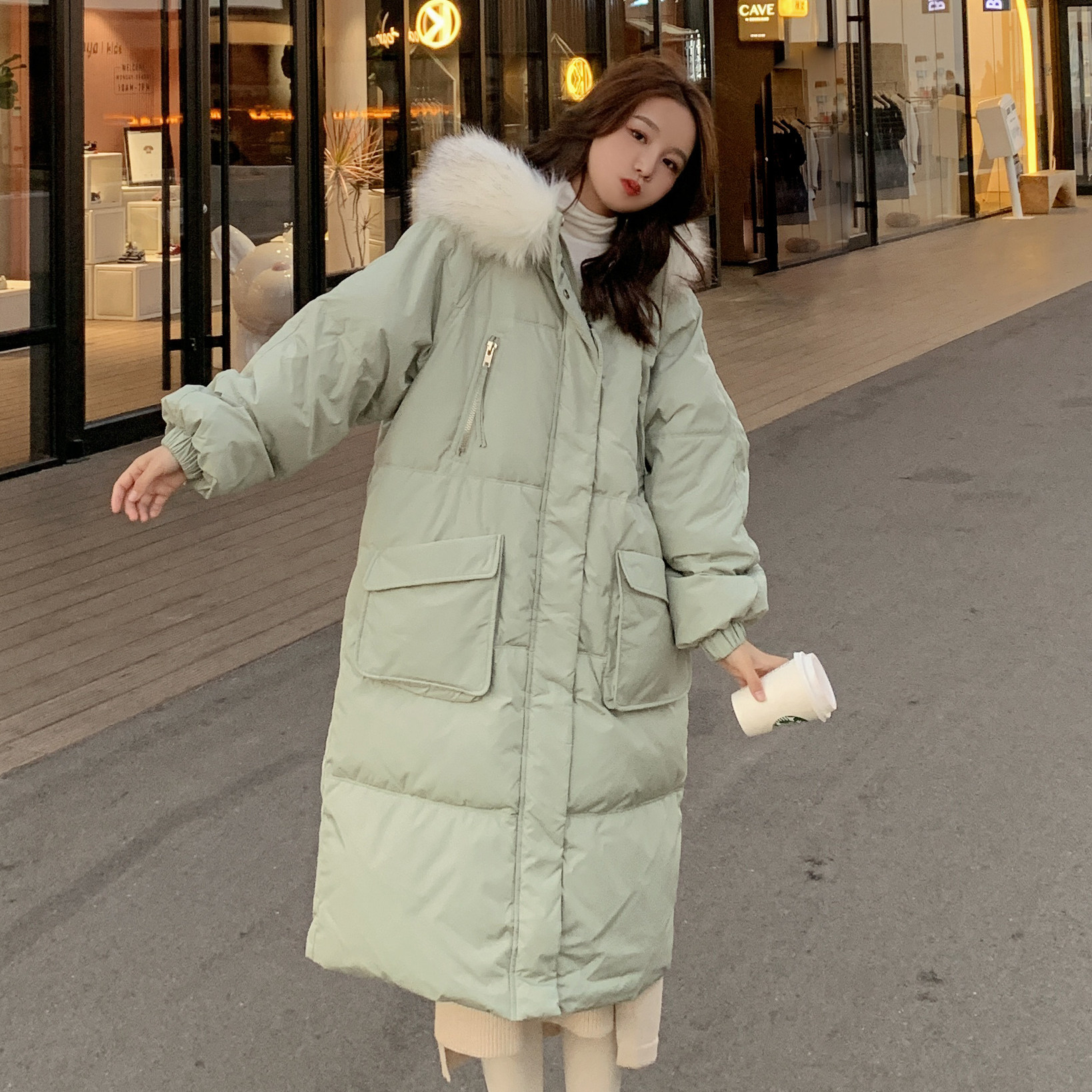 绿色学院风冬季羽绒棉服女2024新款韩系感中长款过膝宽松加厚棉袄,女装棉衣/棉服,安雅