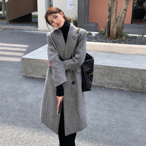 灰色人字纹毛呢西装外套女秋冬中长款气质高级感英伦正肩呢子大衣,大衣穿搭女秋冬推荐高个子图片