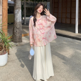 新中式套装粉色桃花上衣+白色阔腿裤286-2611-P175-K270，女装汉服，安雅