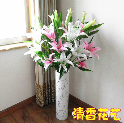 一支包邮4头香水百合花|仿真花绢花假花客厅装饰花落地花冲冠特价