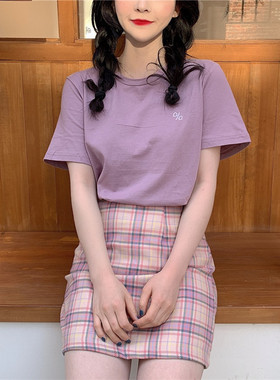 大码紫色bm格子半身裙夏胖mm高腰显瘦chic学生包臀短裙A字裙子女