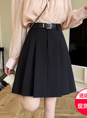 学院风纯色加长款百褶裙女夏季遮胯a字裙黑色中裙大码半身裙西装