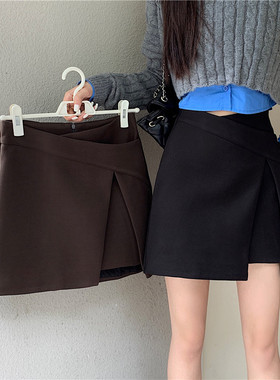 大码不规则a字裙半身裙裤女胖mm高腰显瘦设计感开叉咖色短裤裙夏