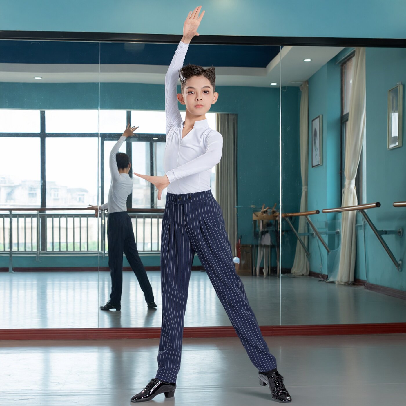 少儿拉丁舞演出服男童加绒长袖黑白训练功演出服秋冬季日常比赛裤