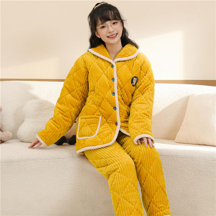 睡衣女款冬季珊瑚绒三层夹棉加厚加绒睡袍浴可爱法兰绒家居服套装