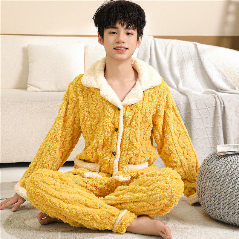 睡衣男冬季珊瑚绒加绒加厚青少年卡通初中生中大童男款家居服套装