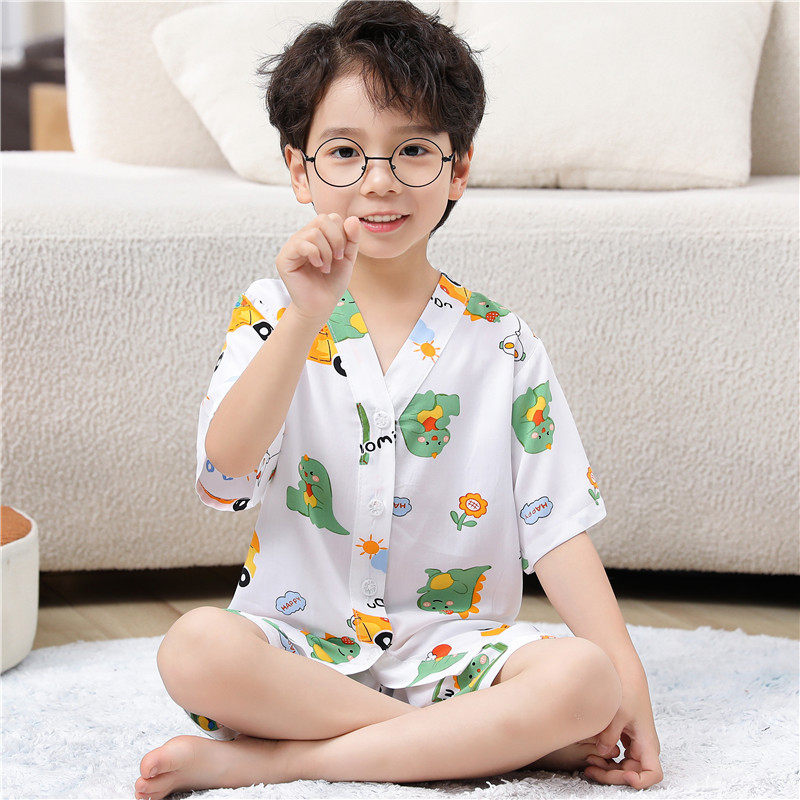 儿童开衫睡衣男童女童绵绸夏季薄款男女孩中小大童棉绸居家空调服