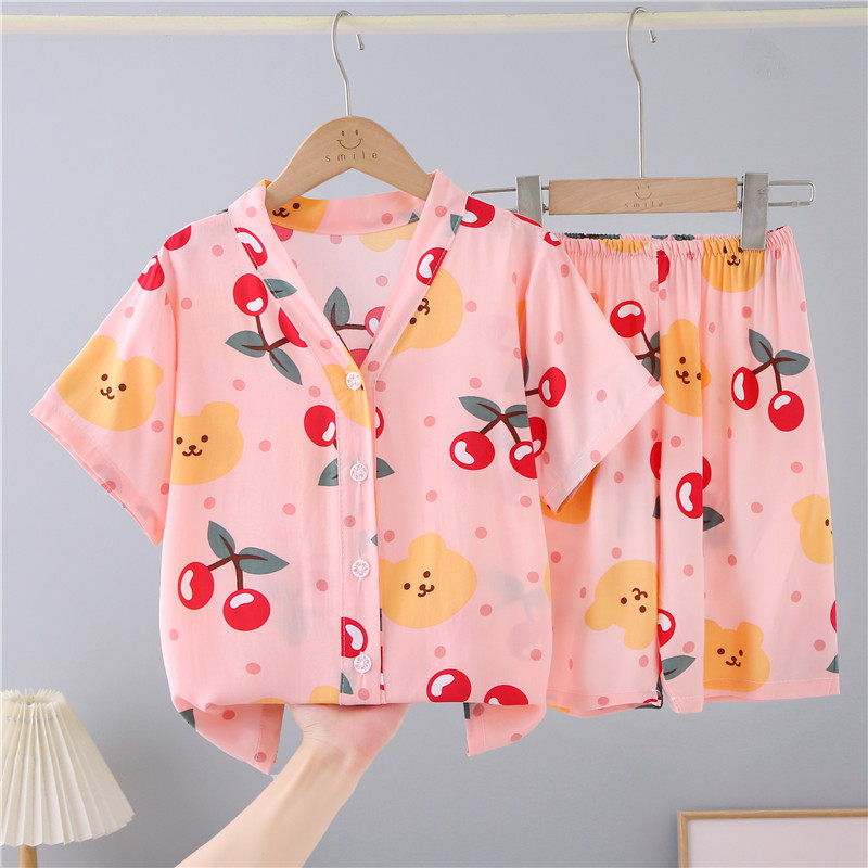 女童棉绸睡衣夏季薄款女孩棉绸开衫家居服套装夏款儿童宝宝空调服