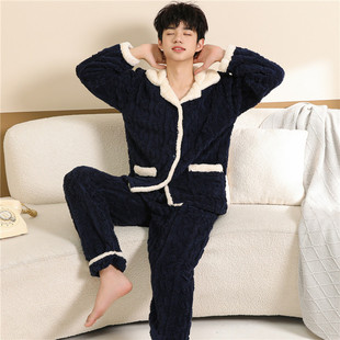 男士睡衣冬季加绒加厚珊瑚绒青少年秋冬款可外穿法兰绒家居服套装