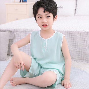 女童男寶寶無袖 小背心棉綢薄款 短褲 空調(diào)服人造棉套裝 中大兒童夏季