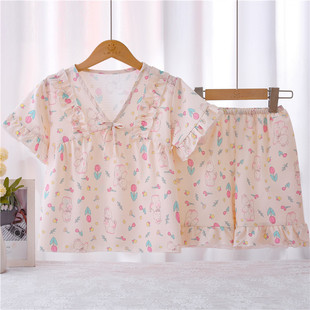 女童睡衣夏季薄款纯棉短袖短裤套装2025新款儿童薄舒适家居服套装
