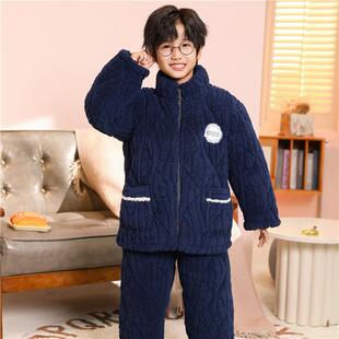 儿童睡衣冬季夹棉三层珊瑚绒套装加厚保暖大童男孩立领男童家居服