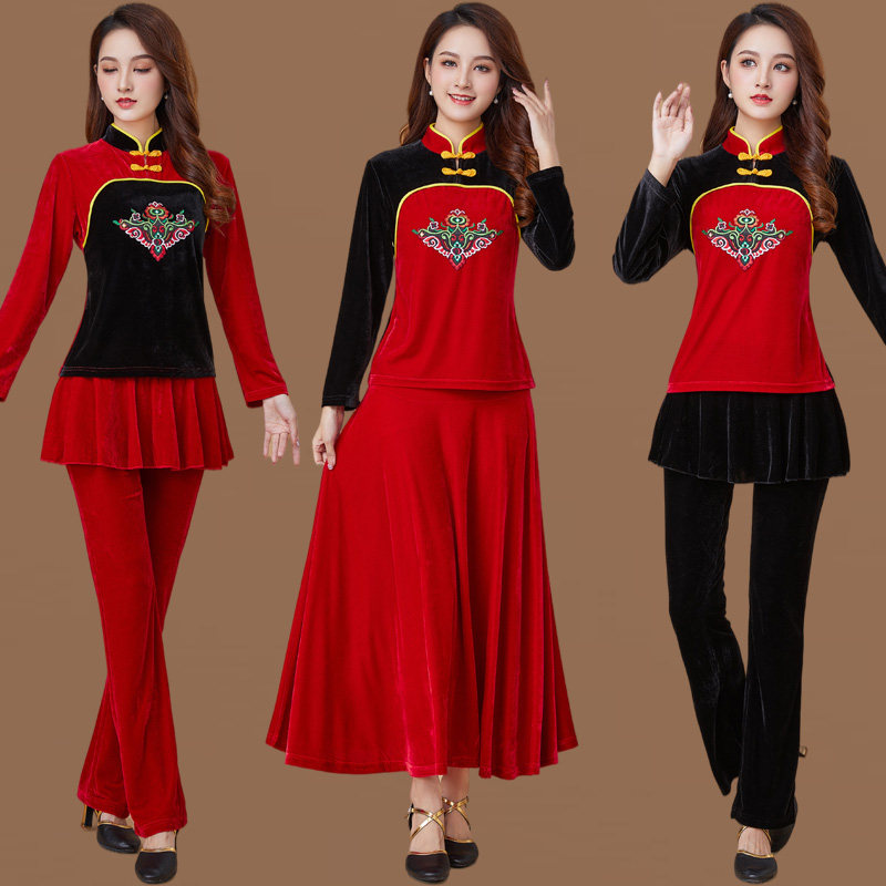 广场舞服装秋冬新款套装金丝绒立领跳舞衣长裙中老年扇子舞蹈服女