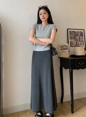 OOKSTUDIOS【不显瘦轻欧感】深灰色半身裙女夏季中长版鱼尾裙长裙